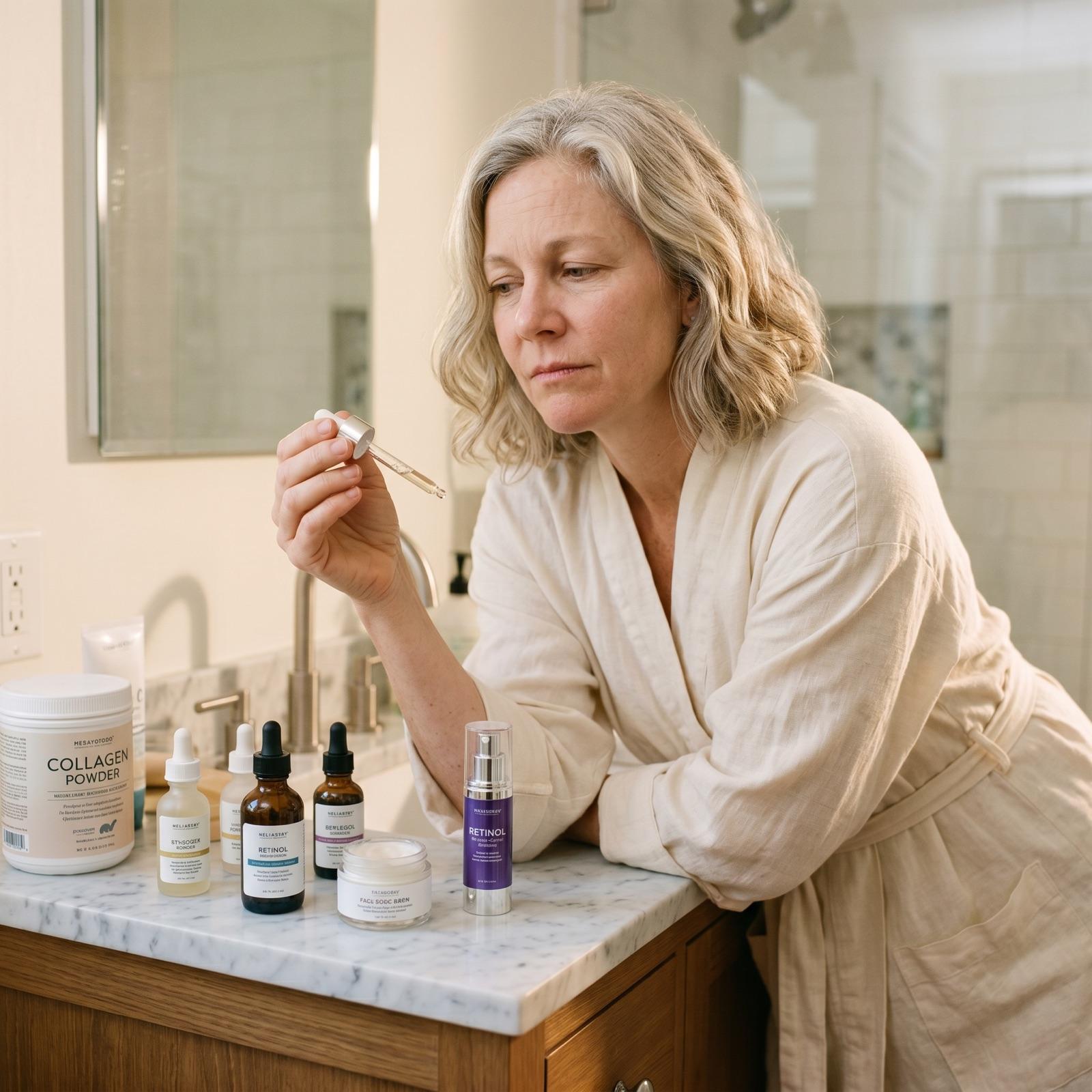 Woman at her bathroom vanity surrounded by skincare products that didn't work
