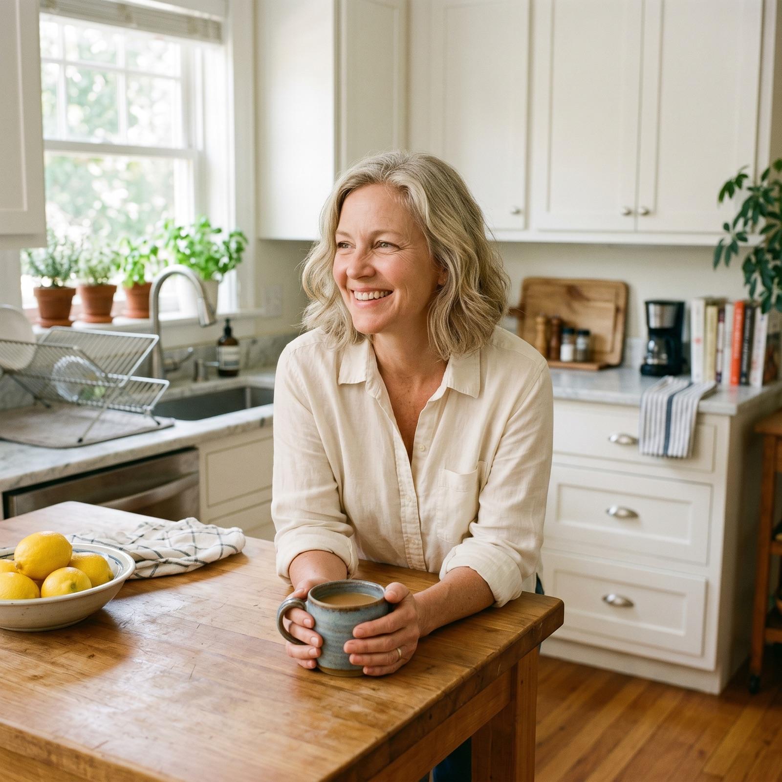 Confident woman in her fifties at home with morning coffee